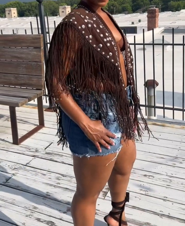 Sequin Decoration Brown Fringe Top