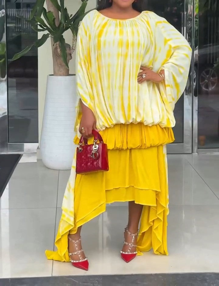 Yellow Round Neck Loose Pleated Layered Hem Dress