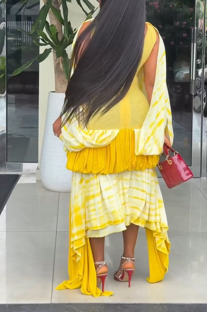 Yellow Round Neck Loose Pleated Layered Hem Dress
