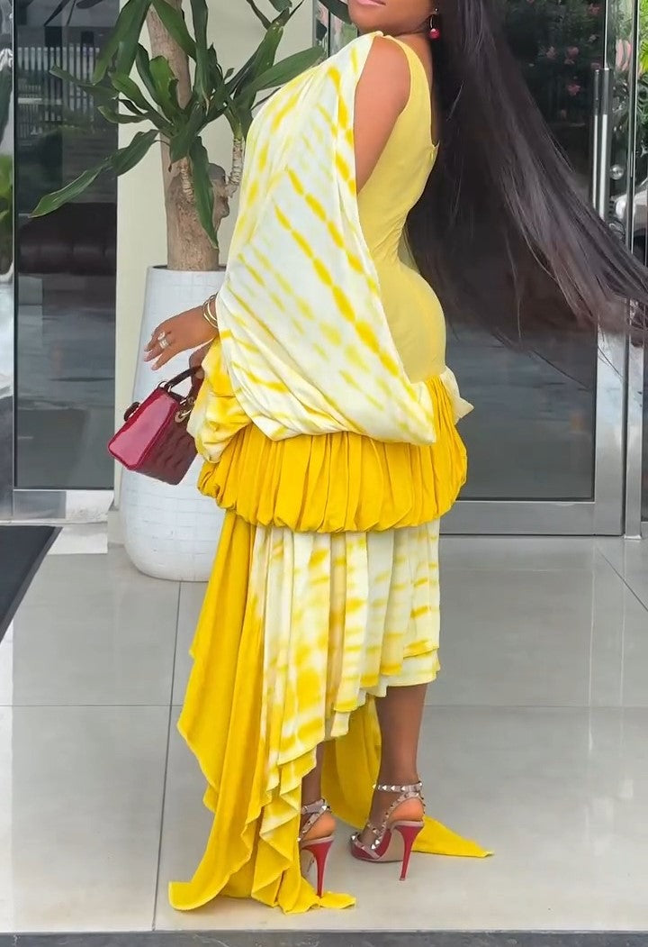 Yellow Round Neck Loose Pleated Layered Hem Dress
