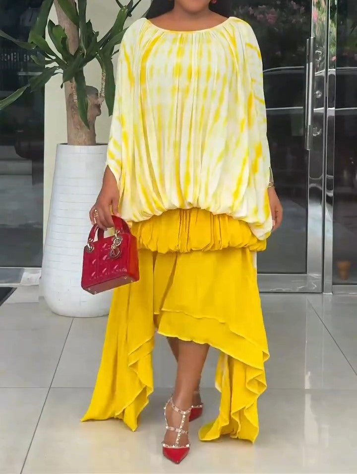 Yellow Round Neck Loose Pleated Layered Hem Dress