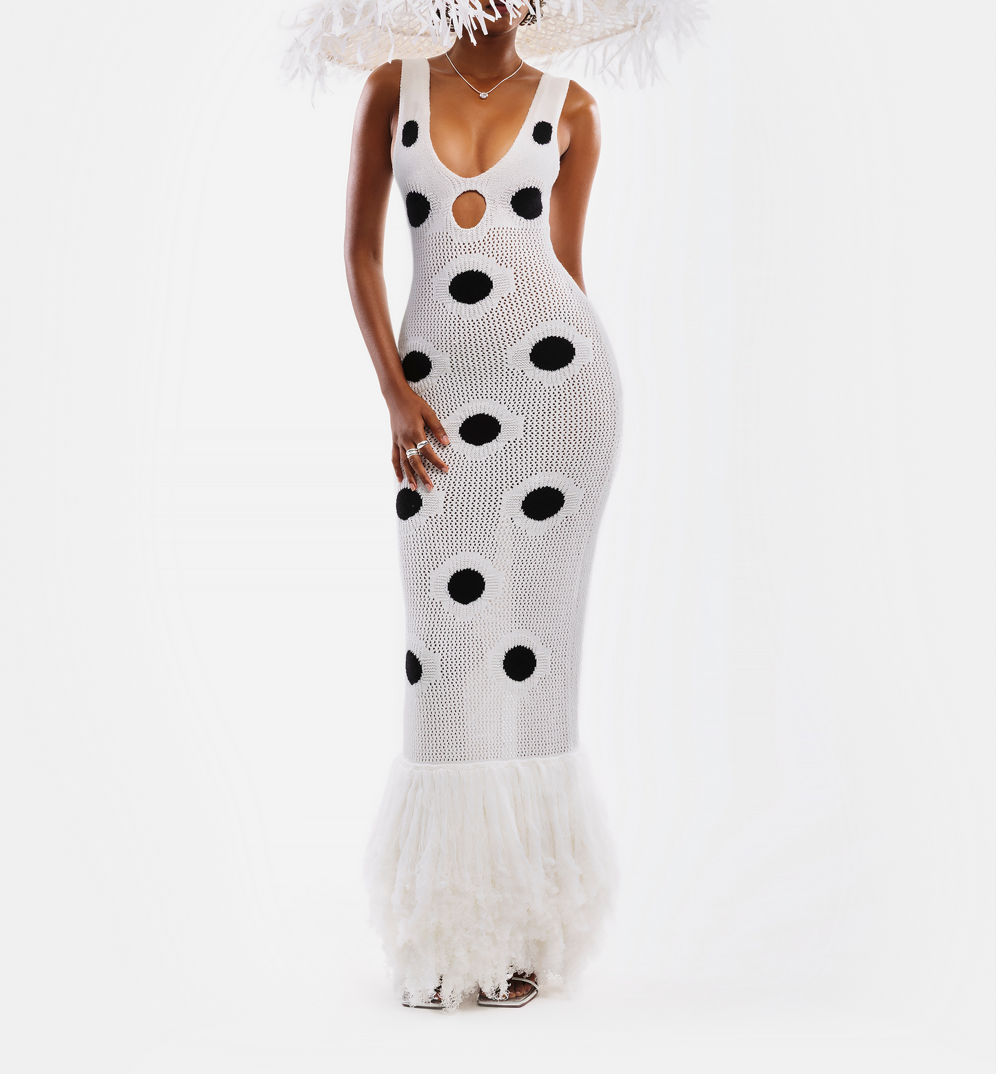 Black Spotted Knitted White Dress