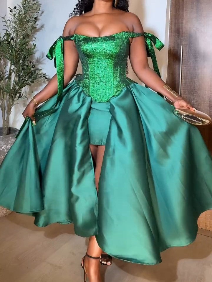 Green Satin Splicing Slip Dress