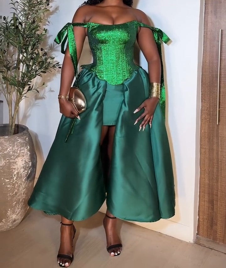 Green Satin Splicing Slip Dress