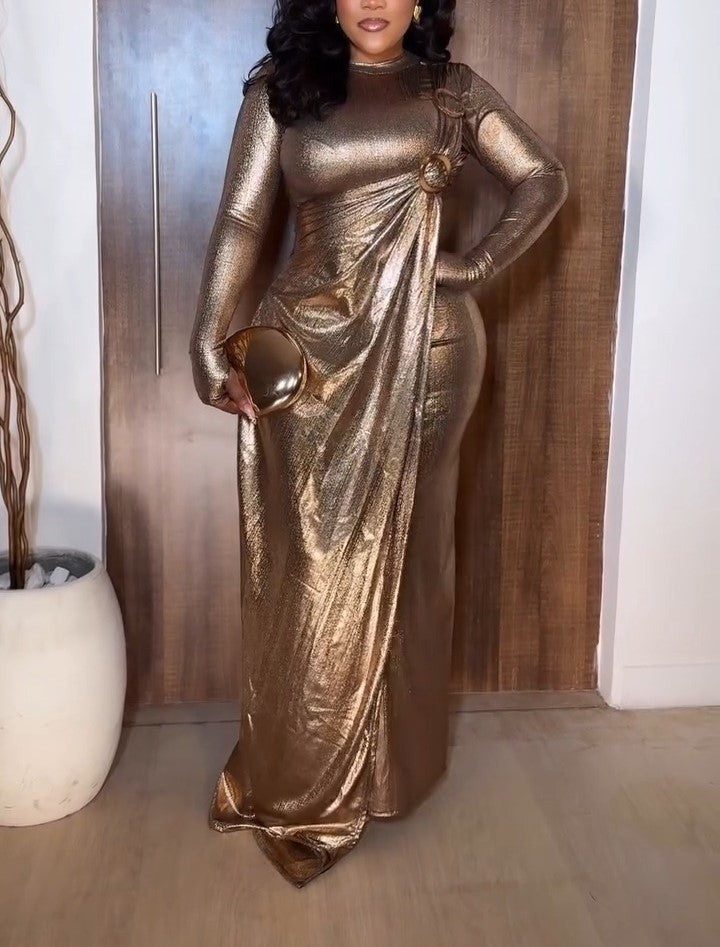 Gold Round Neck Long-sleeved Maxi Dress