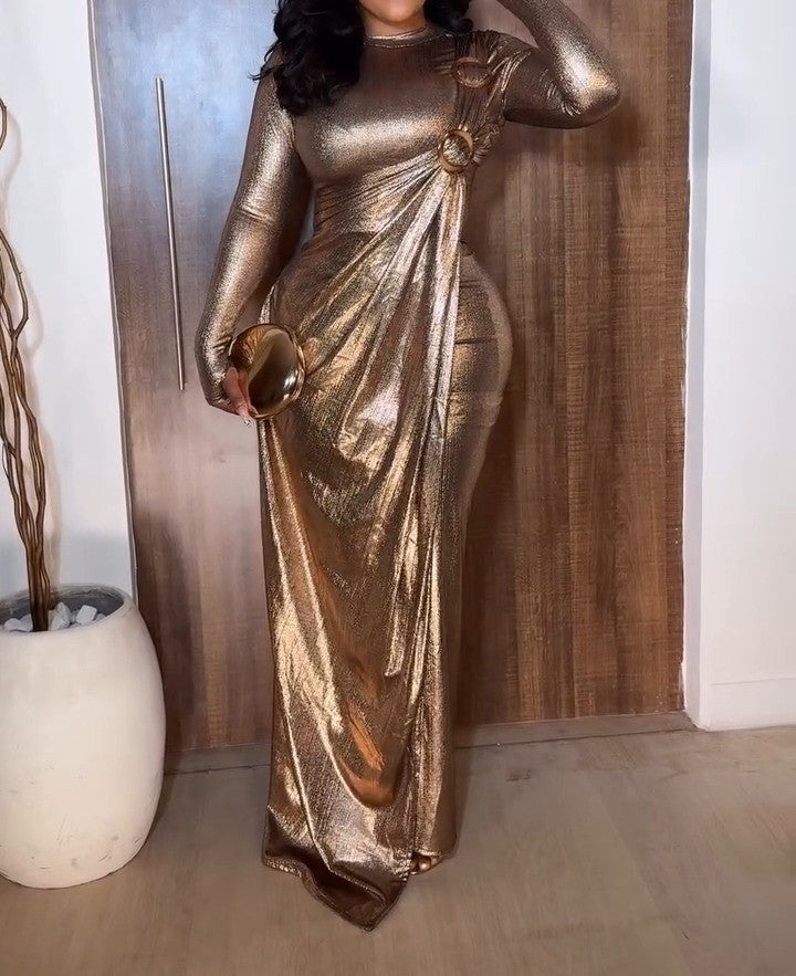 Gold Round Neck Long-sleeved Maxi Dress
