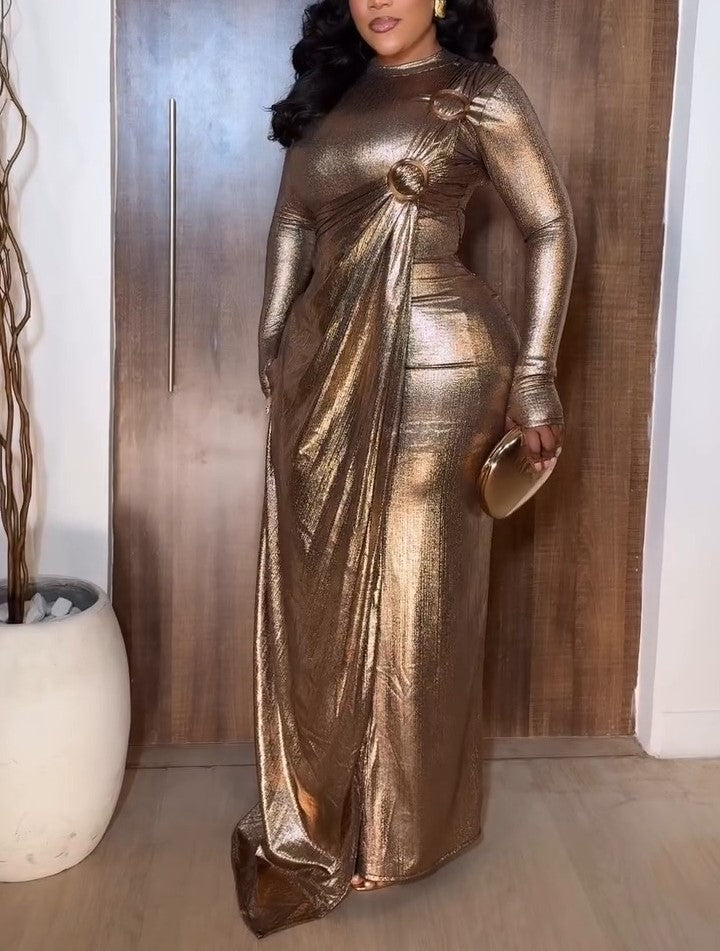 Gold Round Neck Long-sleeved Maxi Dress