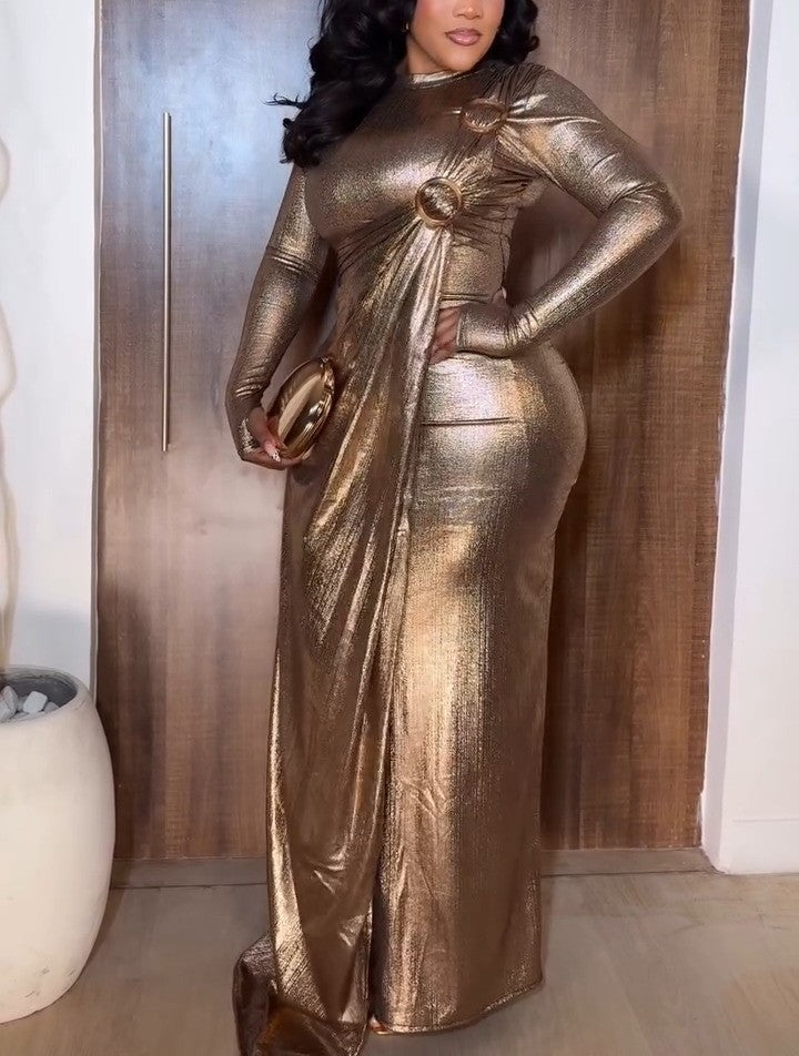 Gold Round Neck Long-sleeved Maxi Dress
