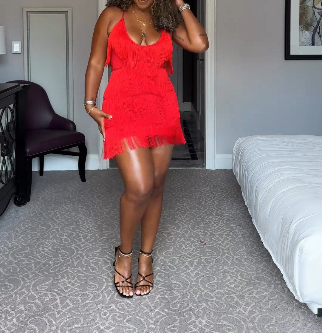 Red Layer Fringe Mini Dress