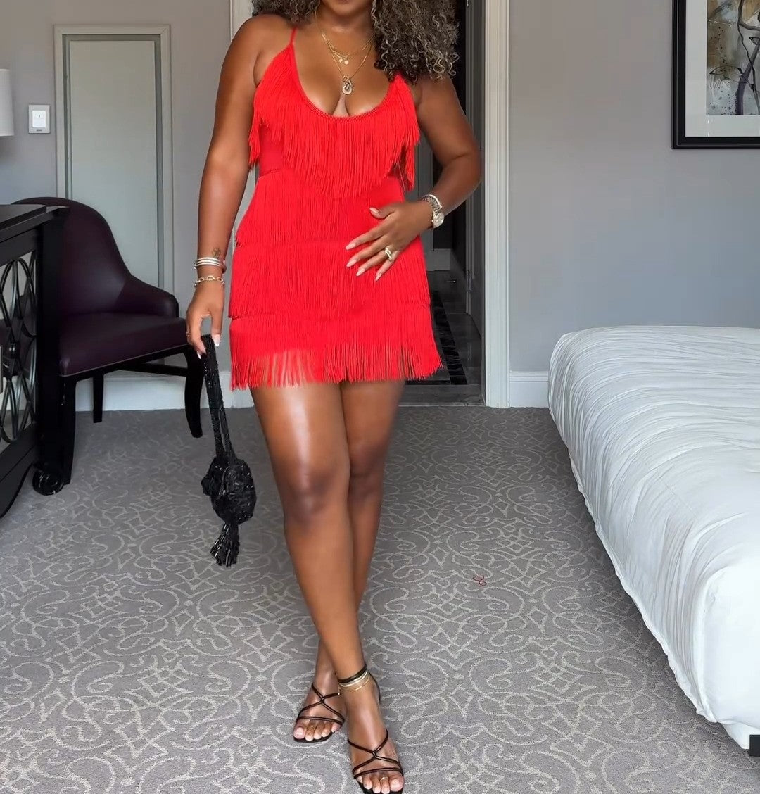 Red Layer Fringe Mini Dress