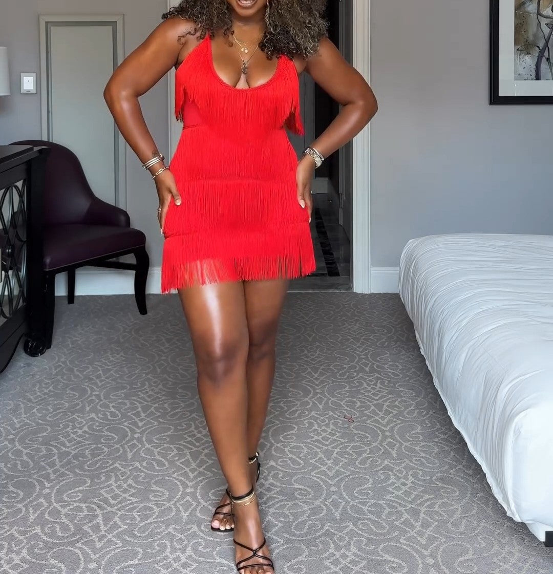 Red Layer Fringe Mini Dress