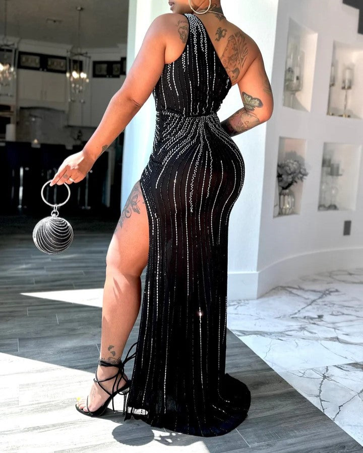 Black One-shoulder Rhinestone Dress