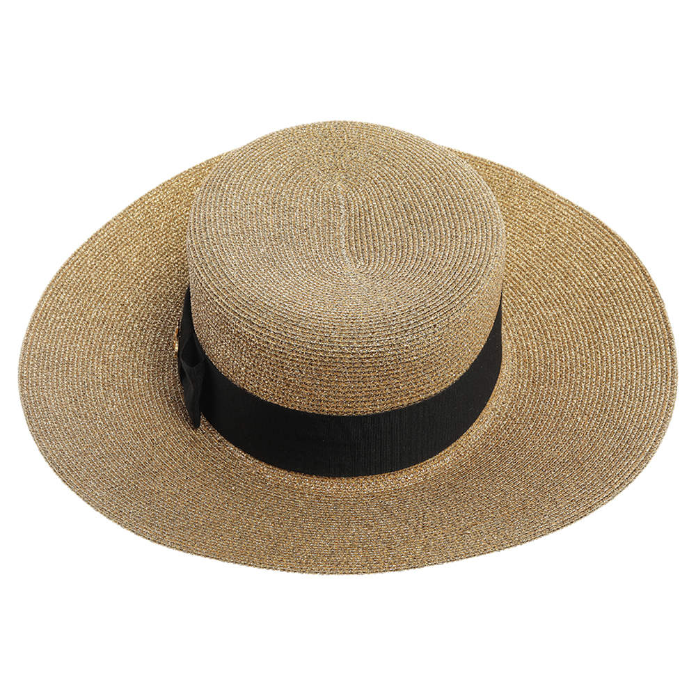 Beige Lame Fabric And Straw Papier Hat