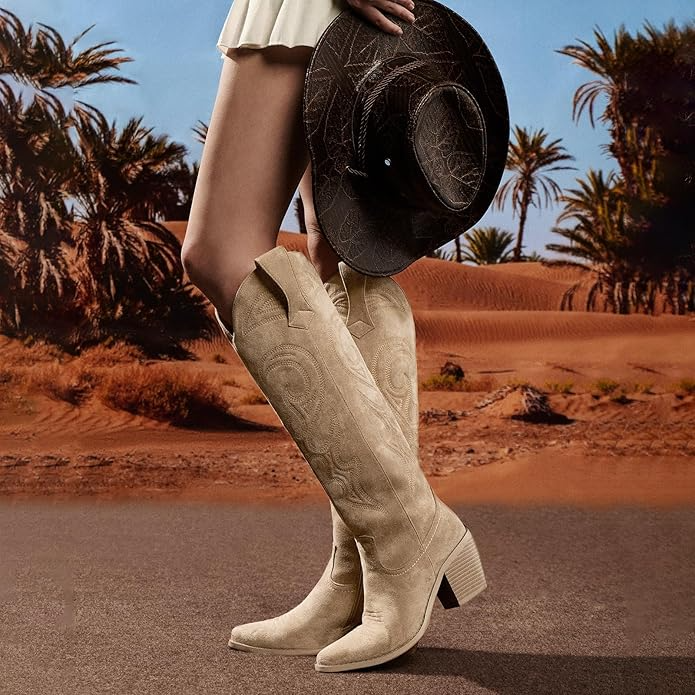 Women's Embroidery Knee High Cowboy Boots