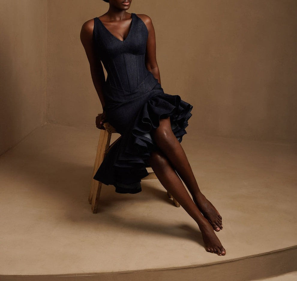 V-Neck Tight Waist Ruffle Irregular Dress