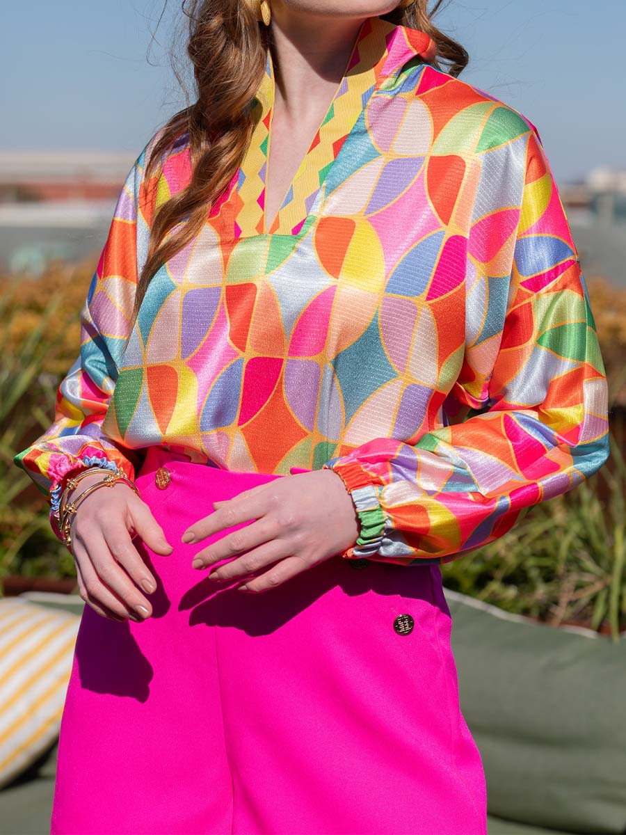 Stand Collar Printed Long Sleeve Top