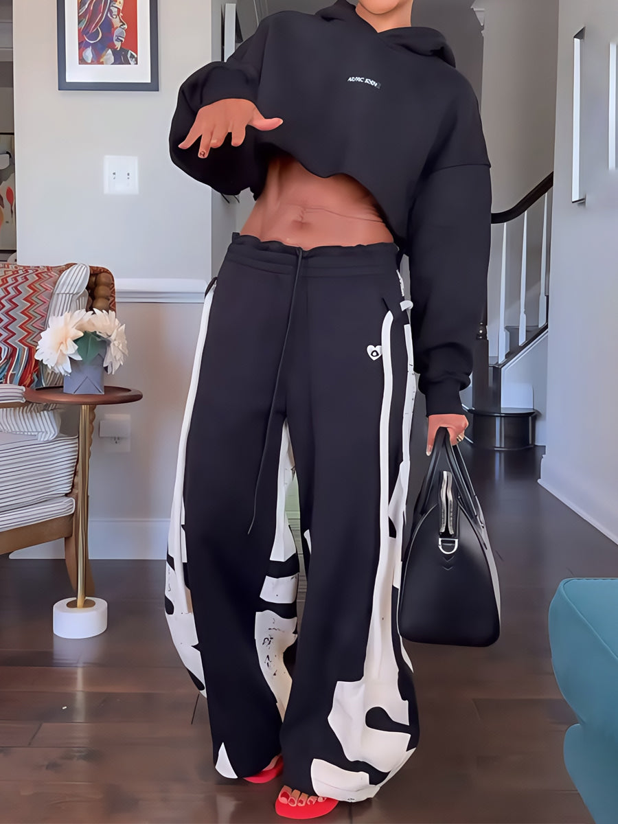 Elastic Waist Printed Hoodie & Lantern Trouser Suit