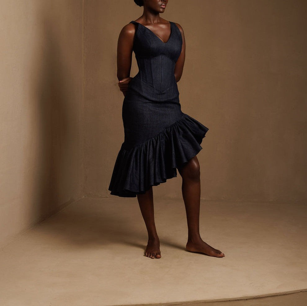 V-Neck Tight Waist Ruffle Irregular Dress
