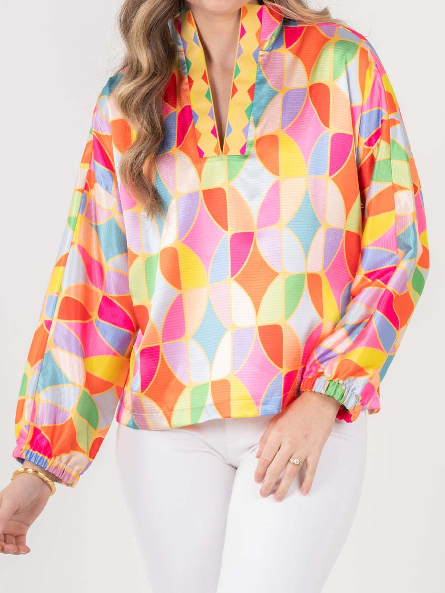 Stand Collar Printed Long Sleeve Top
