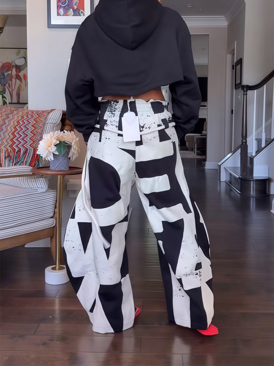 Elastic Waist Printed Hoodie & Lantern Trouser Suit