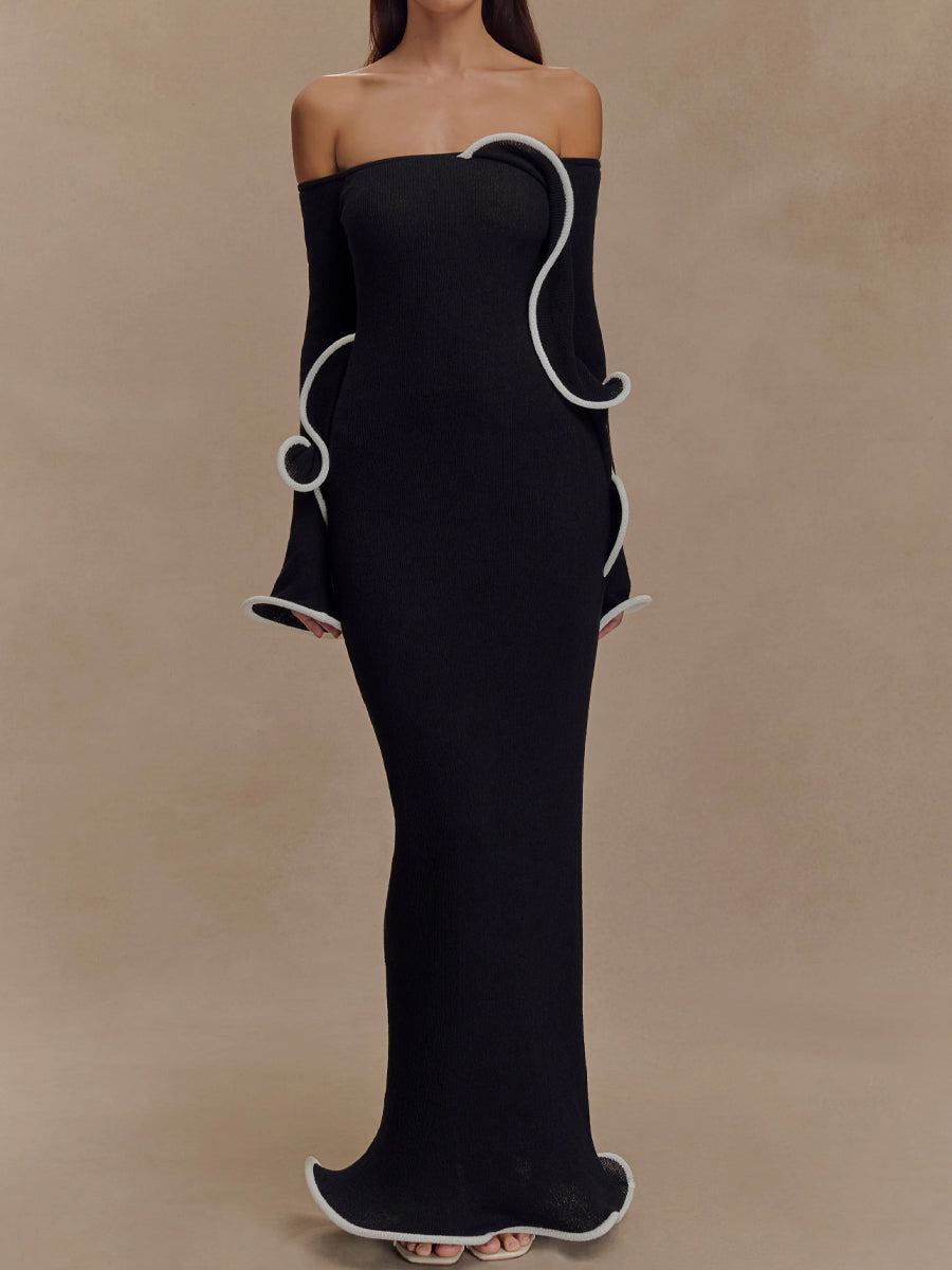 Off Shoulder Flared Sleeve Knit Maxi Dress