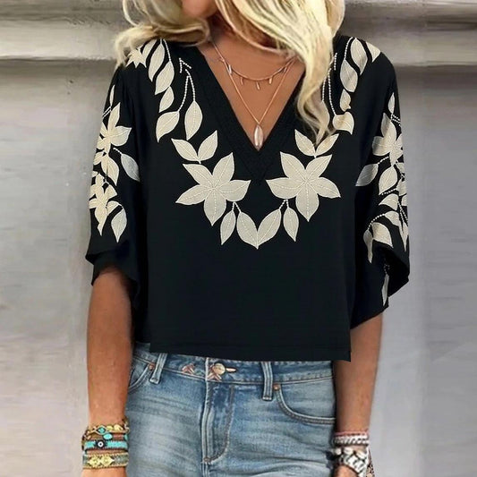 Black And White Half Sleeve V-Neck Top