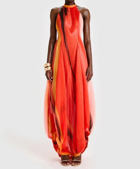 Chiffon Balloon Reef Print Maxi Dress