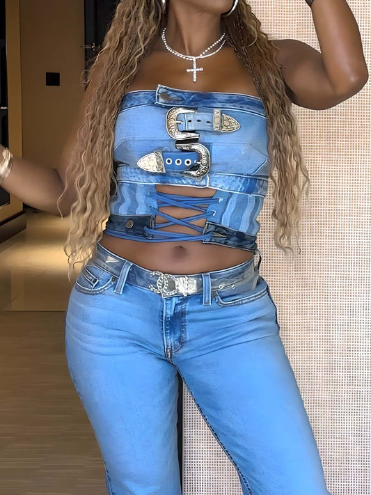 Denim Sleeveless Drawstring Top