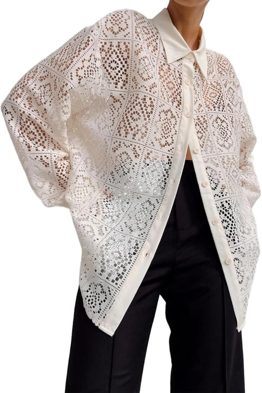 Long Sleeve Lace Button Shirt Top