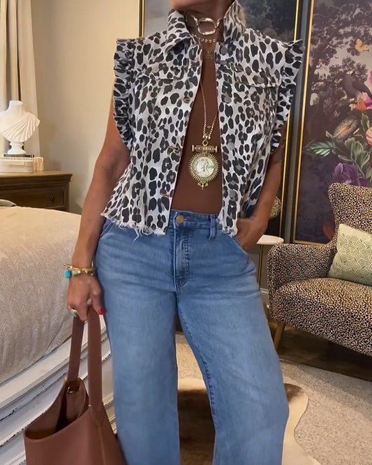 Sleeveless Shirt Collar Leopard Print Vest