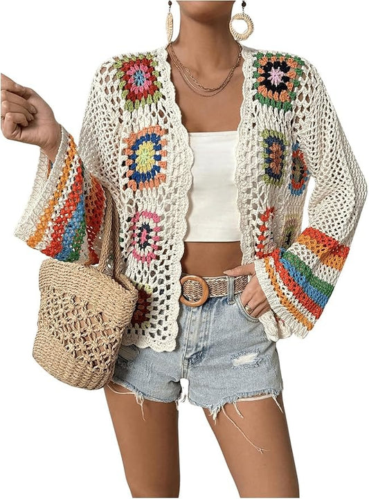 Women's Floral Crochet Cardigan Hollow Front Long Sleeve Cardigan