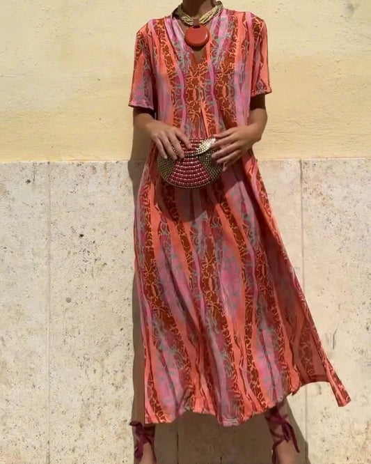 Orange Printed V-Neck Cold Silk Short Sleeve Dress