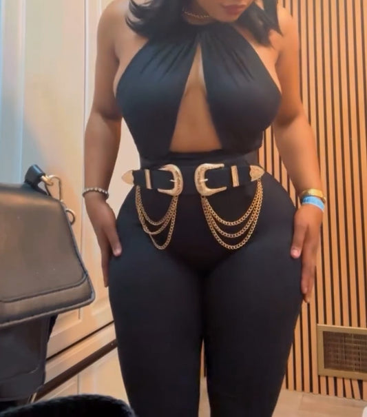 Black Jumpsuit With Gold Chain Detail And Waistband