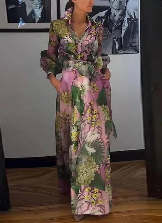 Loose V Neck Floral And Belt Maxi Dress With Pockets