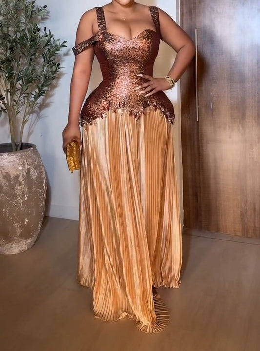 Golden Silk Suspender Tube Top Maxi Dress