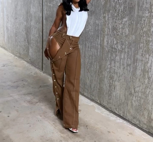 Brown Slit Button-Down Pants