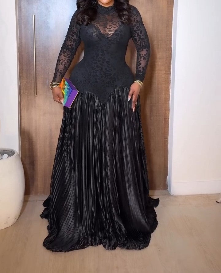 Black Lace Long-sleeved Maxi Dress