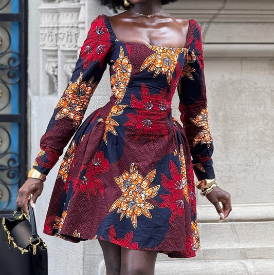 Square Neck Long Sleeve Printed Dress