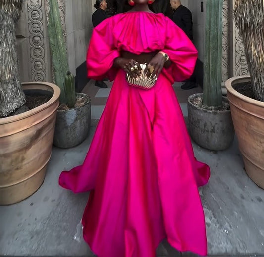 Elegant Pink Long-sleeved Dress Suit