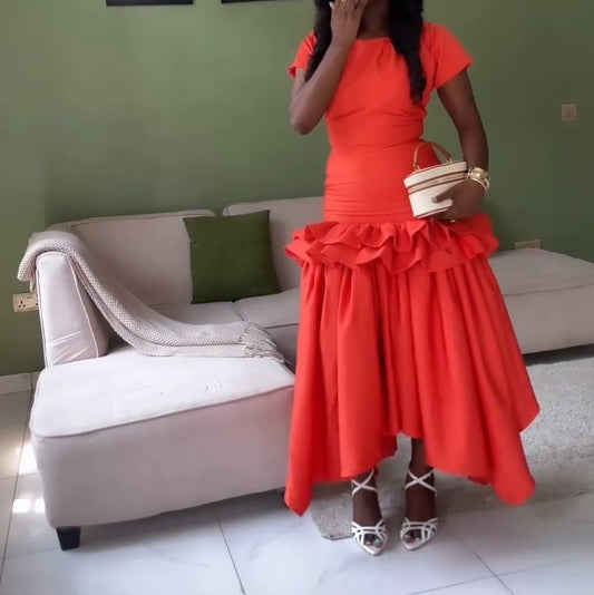 Orange Round Neck Short Sleeve Ruffle Hem Dress