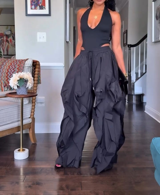 Black Loose Casual Wave Pants