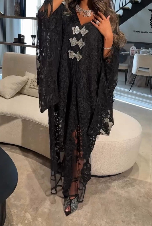 V-neck Loose Black Lace Dress