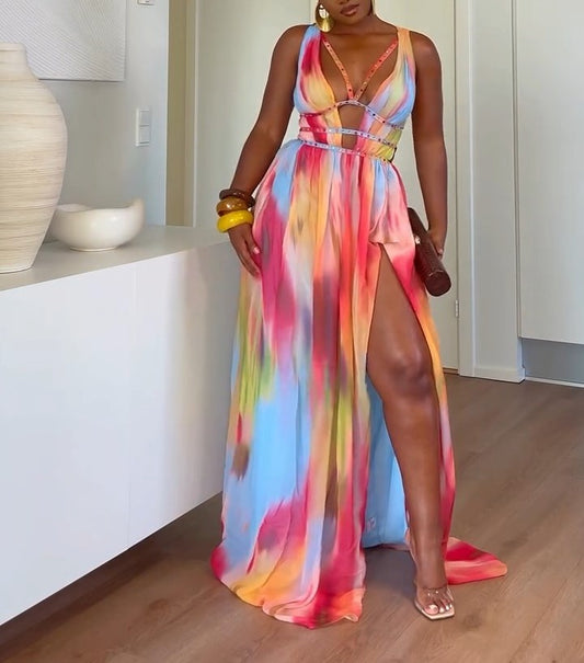 Multicolor Print Tie-Dye Sleeveless Dress