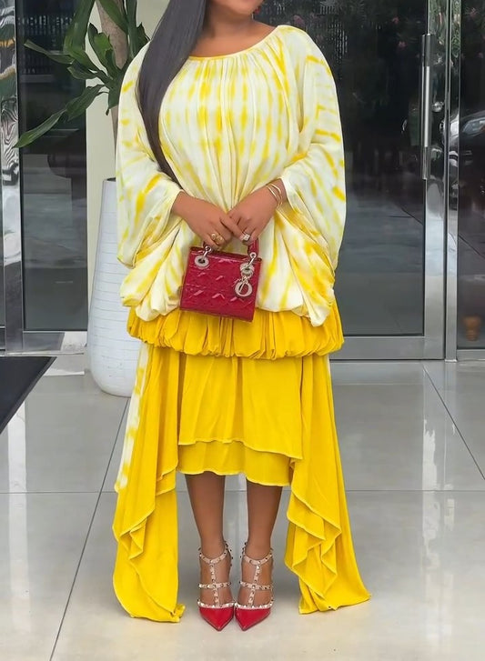 Yellow Round Neck Loose Pleated Layered Hem Dress