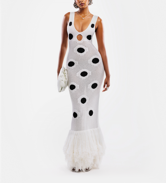 Black Spotted Knitted White Dress