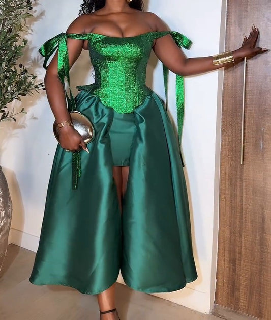 Green Satin Splicing Slip Dress