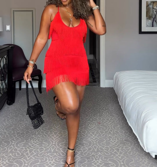 Red Layer Fringe Mini Dress