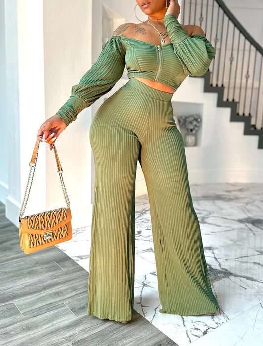 Off-the-shoulder Long-sleeved Zipper Closure Set