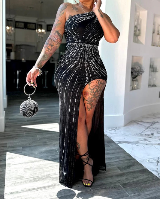 Black One-shoulder Rhinestone Dress
