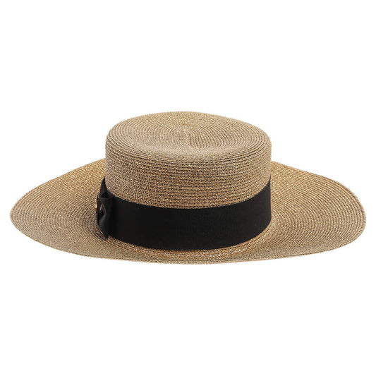 Beige Lame Fabric And Straw Papier Hat
